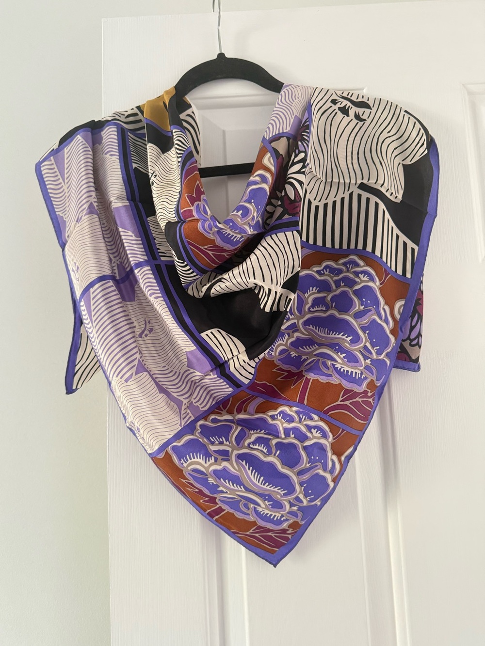 Christian fischbacher purple black white mustard silk square scarf